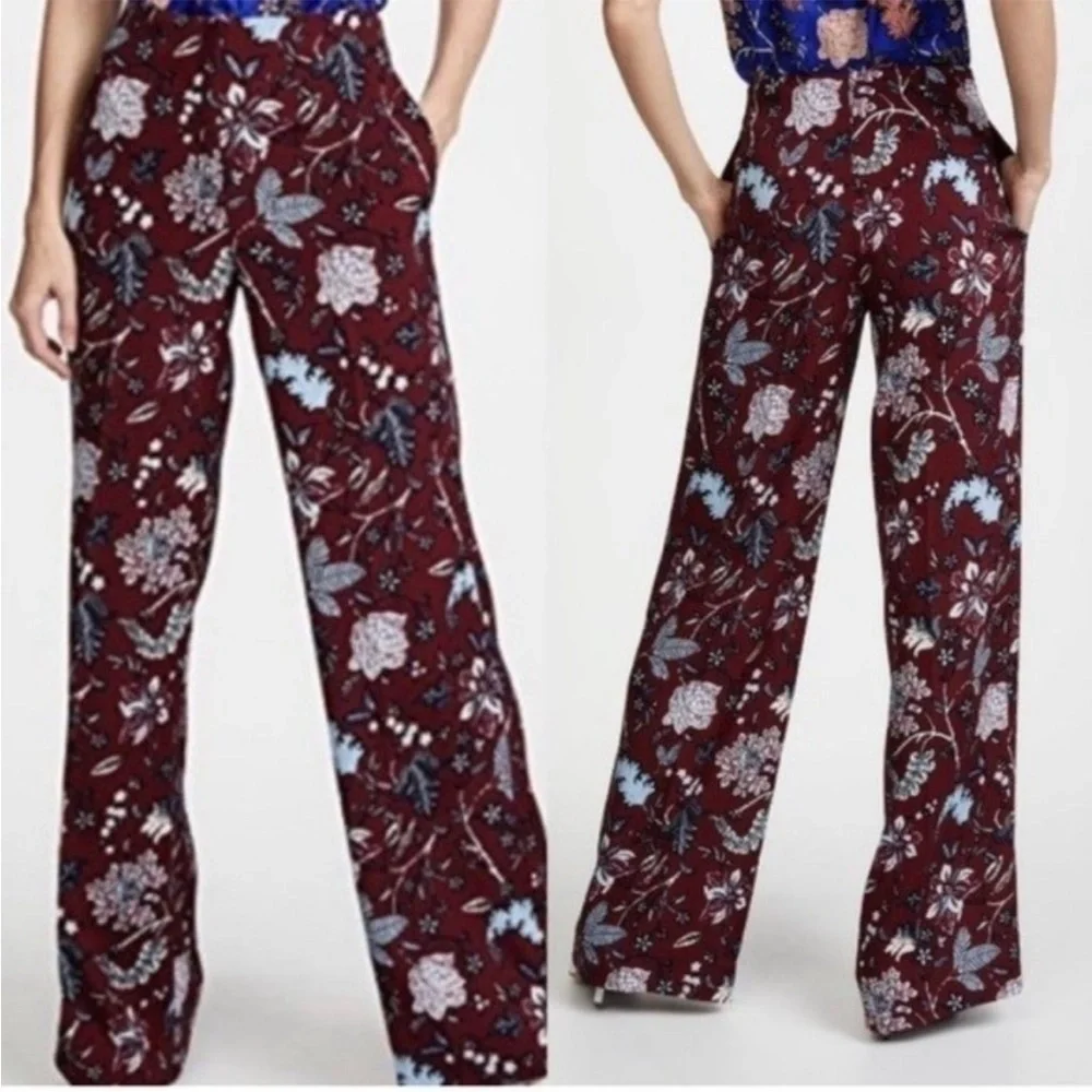 Diane Von Furstenberg Canton Brodeaux Silk Floral Pant Trouser Red Stretch Summe